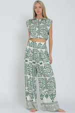 Sleeveless Shoulder Pad Printed Top And Wide Leg Pants Set Green