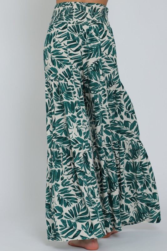 High Waist Tie Tropical Print Wide Leg Pants Green