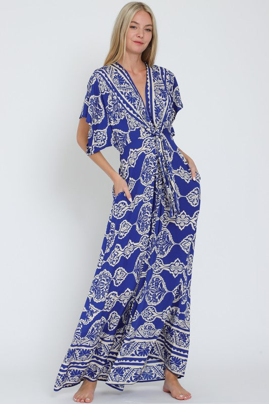  Kimono Sleeve Front Tie Printed Wide Leg Jumpsuit Blue