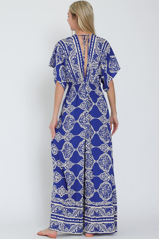  Kimono Sleeve Front Tie Printed Wide Leg Jumpsuit Blue