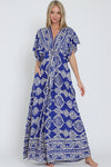  Kimono Sleeve Front Tie Printed Wide Leg Jumpsuit Blue