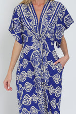  Kimono Sleeve Front Tie Printed Wide Leg Jumpsuit Blue