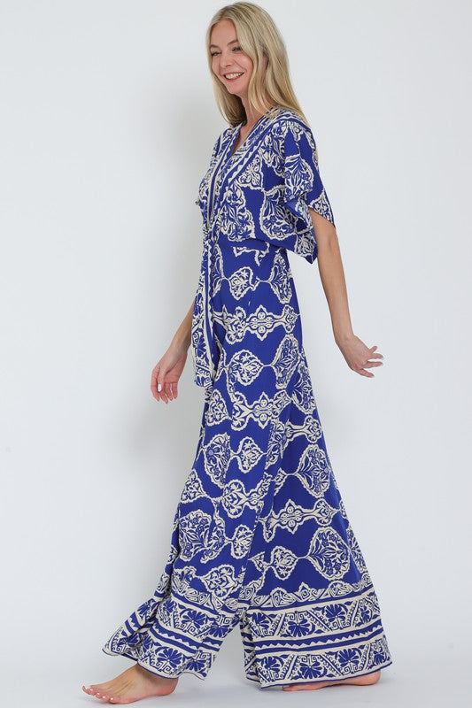  Kimono Sleeve Front Tie Printed Wide Leg Jumpsuit Blue