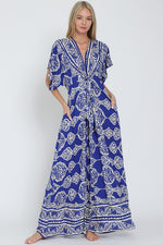  Kimono Sleeve Front Tie Printed Wide Leg Jumpsuit Blue