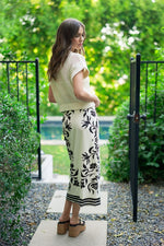 High Waist Floral Print Linen Wrap Midi Skirt Cream