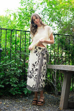 High Waist Floral Print Linen Wrap Midi Skirt Cream