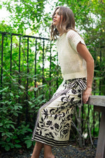 High Waist Floral Print Linen Wrap Midi Skirt Cream