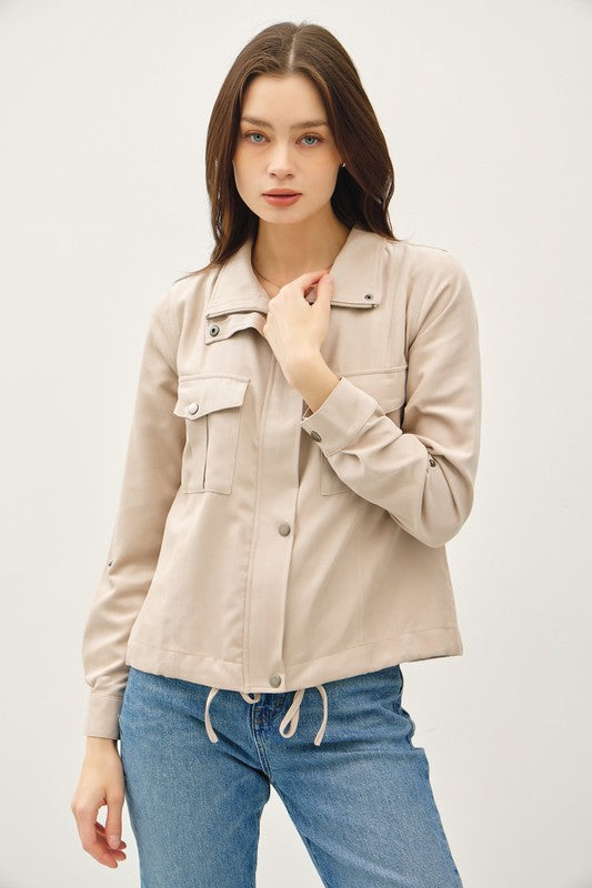 Long Sleeve Drawstring Utility Jacket Taupe Beige