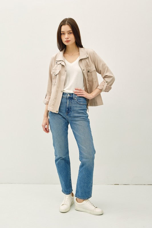 Long Sleeve Drawstring Utility Jacket Taupe Beige