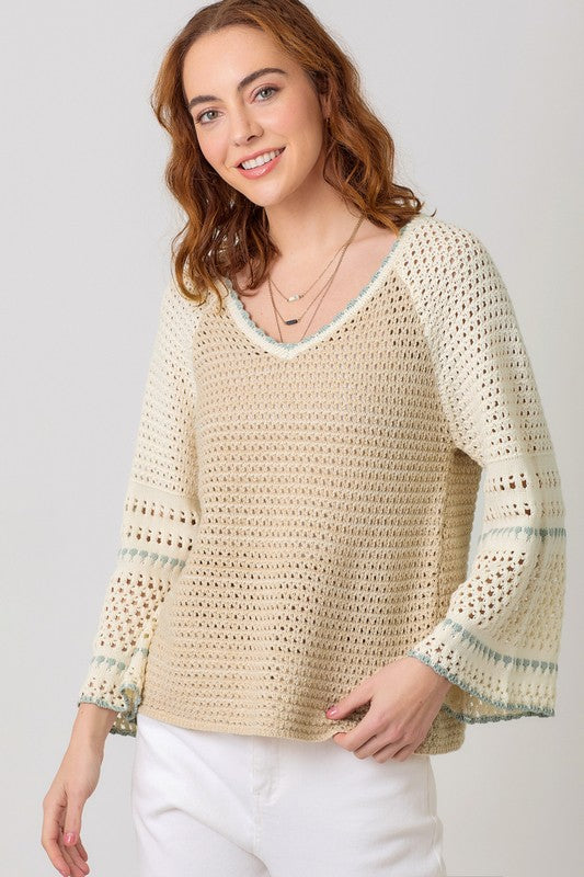 Long Bell Sleeve Crochet Knit Sweater Top Taupe