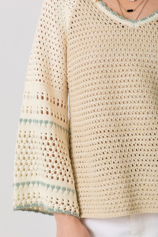 Long Bell Sleeve Crochet Knit Sweater Top Taupe