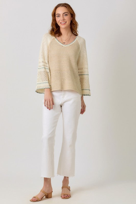 Long Bell Sleeve Crochet Knit Sweater Top Taupe