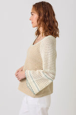 Long Bell Sleeve Crochet Knit Sweater Top Taupe