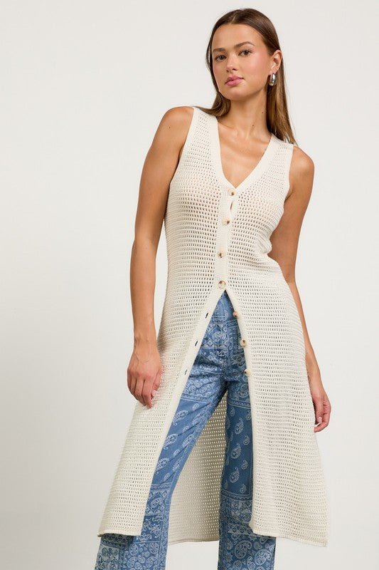 Sleeveless Knit Button Down Long Cardigan White