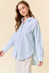 Long Sleeve Oversized Button Down Stripe Print Top Blue