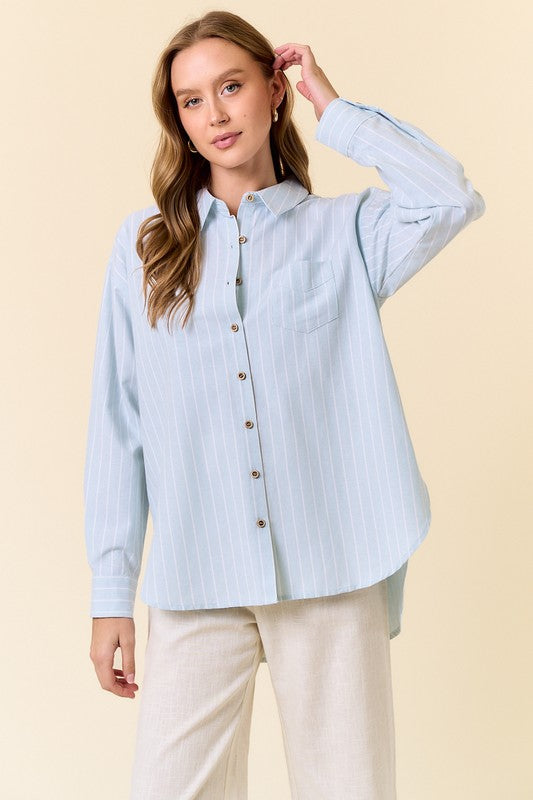 Long Sleeve Oversized Button Down Stripe Print Top Blue