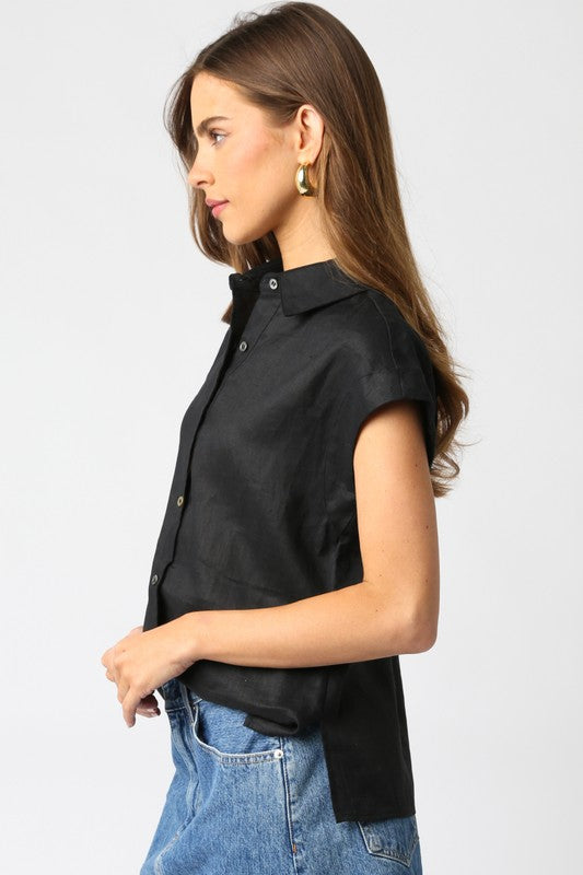 Short Sleeve Linen Button Down Top Black