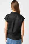 Short Sleeve Linen Button Down Top Black