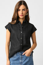 Short Sleeve Linen Button Down Top Black