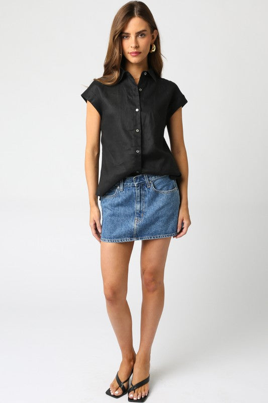 Short Sleeve Linen Button Down Top Black