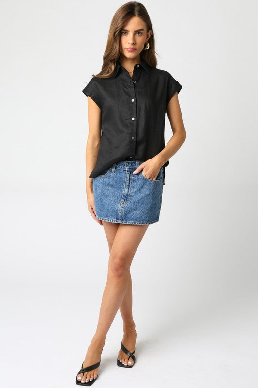 Short Sleeve Linen Button Down Top Black