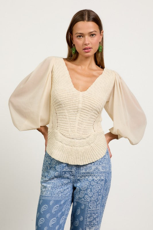 Long Balloon Sleeve Knit Sweater Top Cream