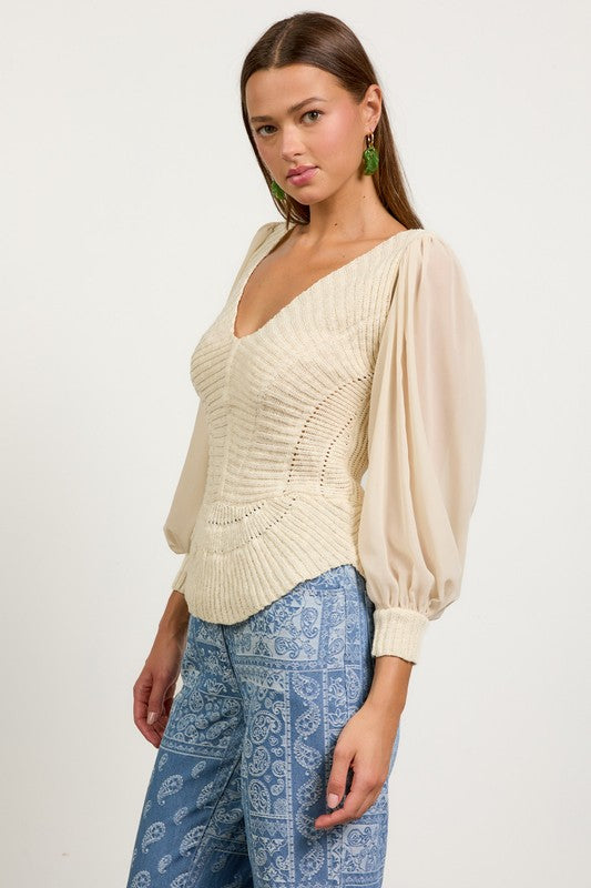 Long Balloon Sleeve Knit Sweater Top Cream