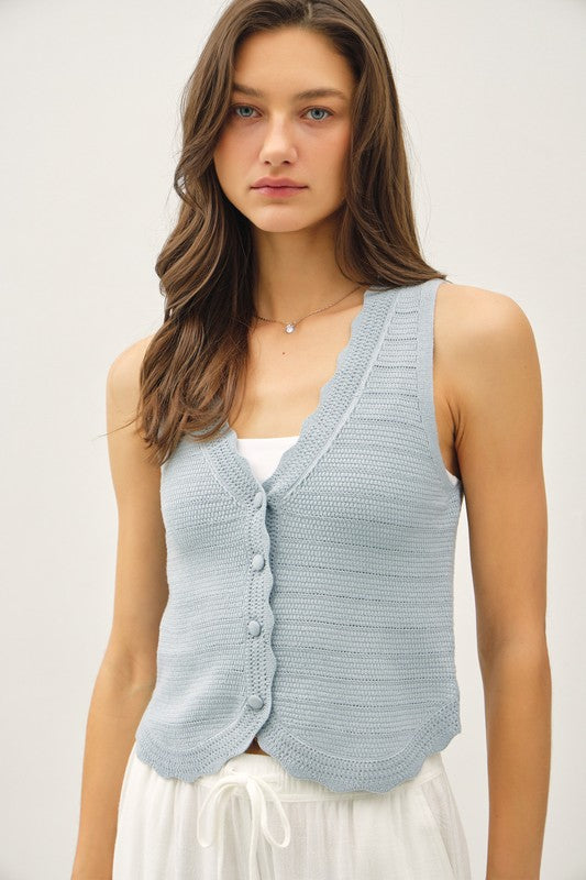 Sleeveless Button Down Crochet Knit Sweater Top Blue