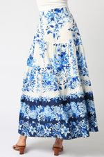 High Waist Tie Floral Print Maxi Skirt Blue