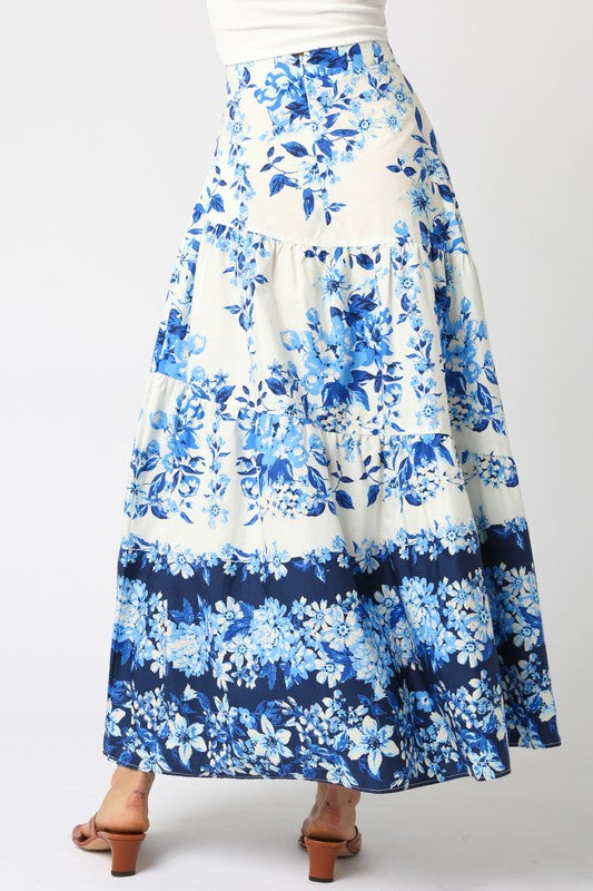 High Waist Tie Floral Print Maxi Skirt Blue