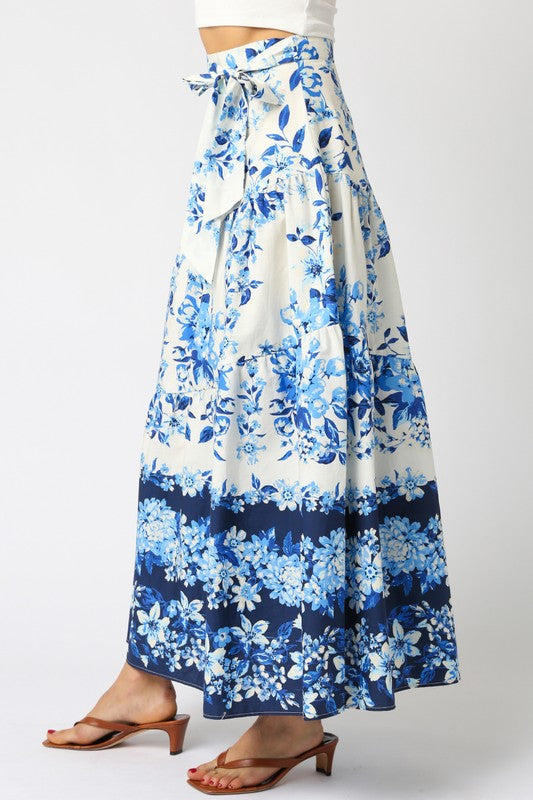 High Waist Tie Floral Print Maxi Skirt Blue