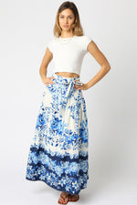 High Waist Tie Floral Print Maxi Skirt Blue