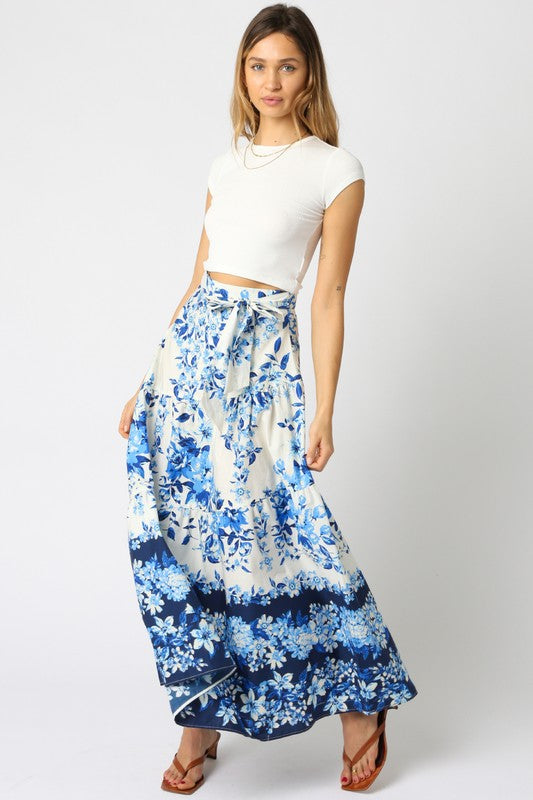 High Waist Tie Floral Print Maxi Skirt Blue