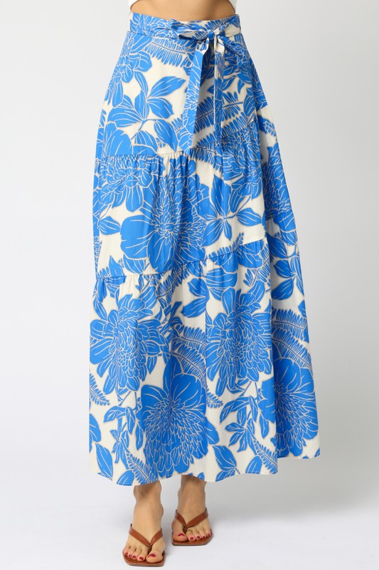 High Waist Tie Floral Print Maxi Skirt Blue