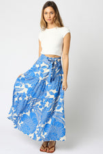 High Waist Tie Floral Print Maxi Skirt Blue