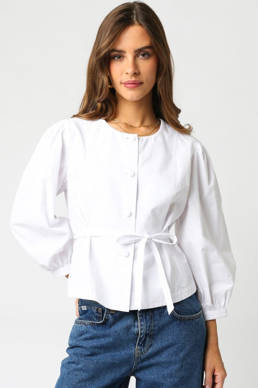 Long Sleeve Button Down Waist Tie Top White