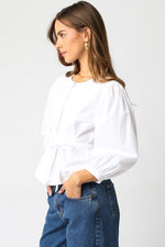 Long Sleeve Button Down Waist Tie Top White