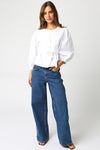 Long Sleeve Button Down Waist Tie Top White