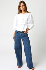 Long Sleeve Button Down Waist Tie Top White