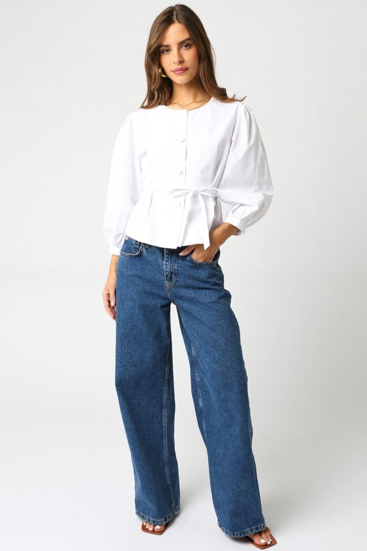 Long Sleeve Button Down Waist Tie Top White