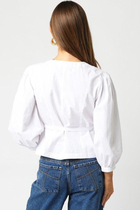 Long Sleeve Button Down Waist Tie Top White