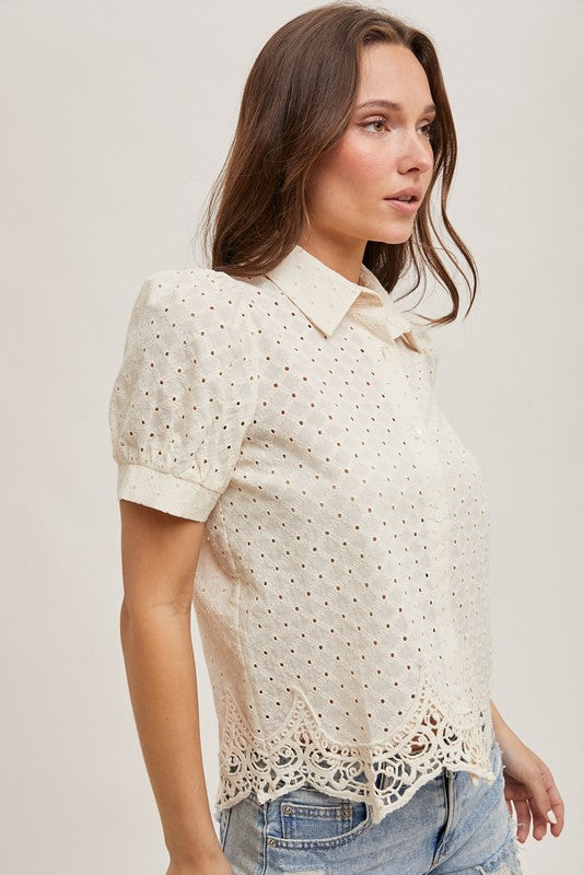 Short Puff Sleeve Button Down Eyelet Top Natura