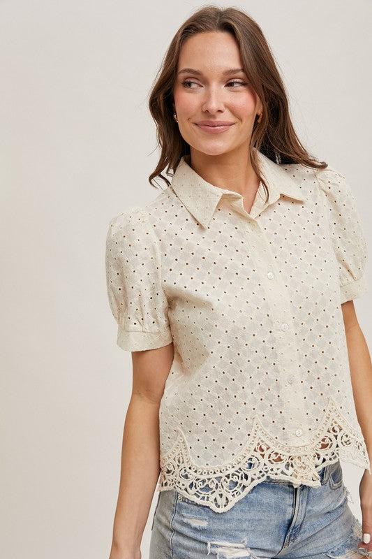 Short Puff Sleeve Button Down Eyelet Top Natura