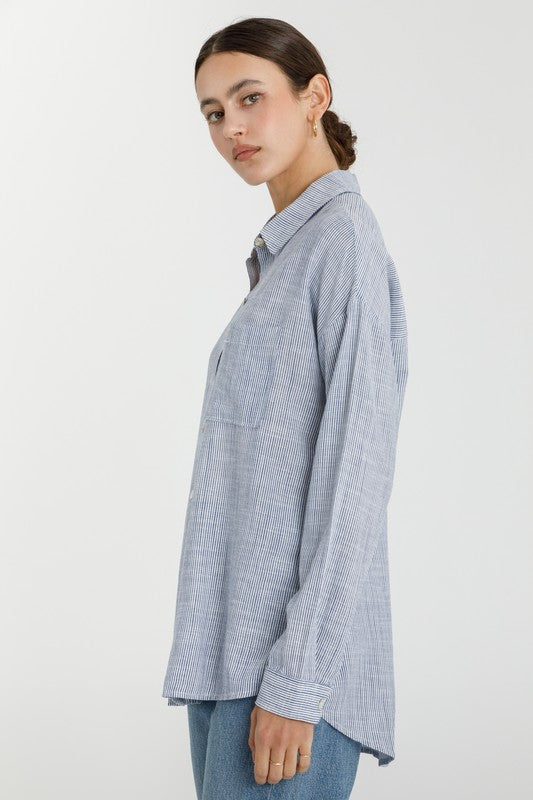 Long Sleeve Stripe Print Button Down Top Dark Blue