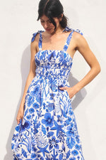 Waitlist 4/23 ♥ Sierra Sleeveless Shoulder Tie Seashell Print Midi Dress Blue