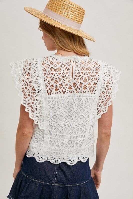 Flutter Sleeve Crochet Lace Top White