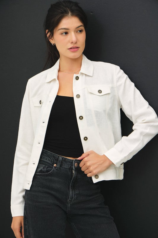 Long Sleeve Linen Blend Jacket White