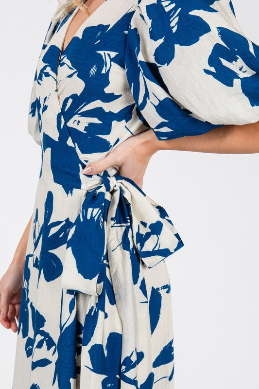 Short Bubble Sleeve Floral Print Wrap Maxi Dress Blue