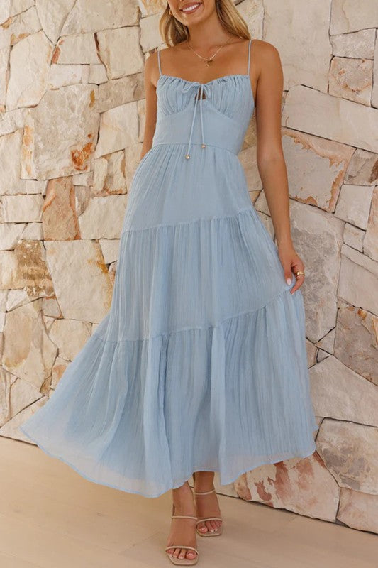 Sleeveless Front Tie Tiered Maxi Dress Blue