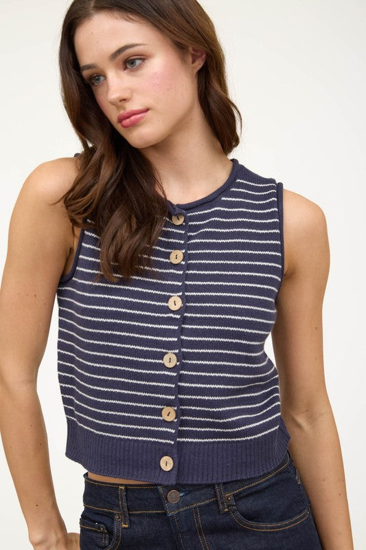 Sleeveless Button Down Stripe Print Sweater Vest Navy